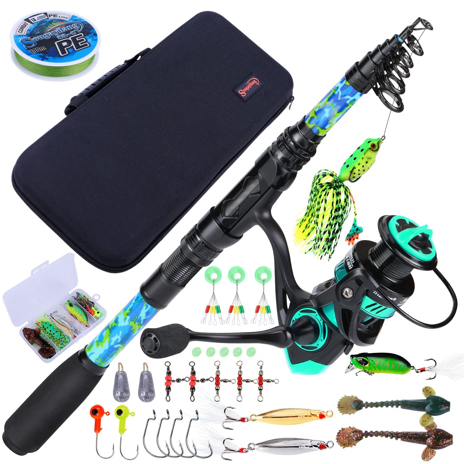 Sougayilang Fishing Rod and Reel Combos with Telescopic Fishing Pole Spinning Reels Fishing Carrier Bag for Travel Saltwater Freshwater Fishing