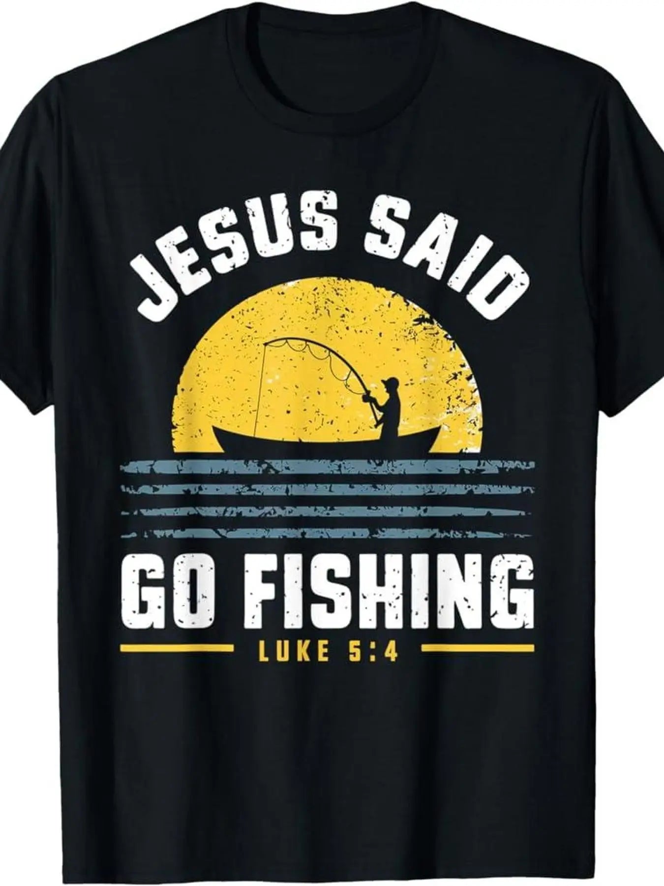 Jesus said to go fishing T-shirt with Luke 5:4 scripture and fishhook design, black with white/yellow print