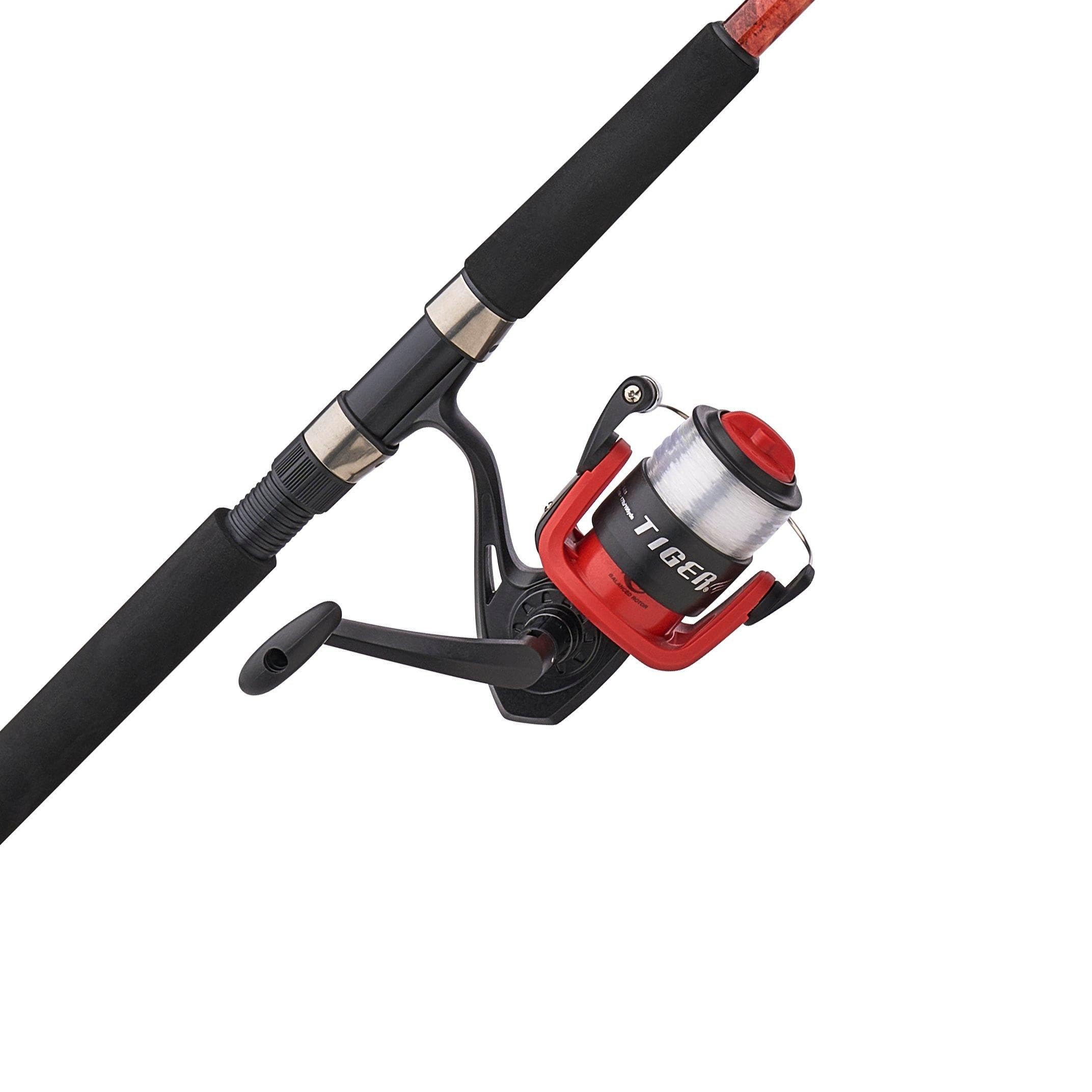 Shakespeare Tiger Catfish Mossy Oak Spinning Reel and Fishing Rod Combo 9 2-Piece Rod Tubular Fiberglass Rod Blank Construction Comfortable and Durable EVA Handle