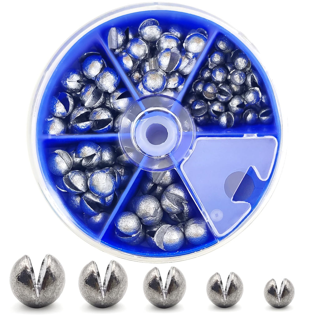 230pcs/120pcs/107pcs Fishing Weights Sinkers - Split Shot Fishing Weights Kit 5 Size Round Removable Fishing Weights 1 Round Box Set Fishing Sinkers for Freshwater Saltwater(Blue Box) (107Pcs)
