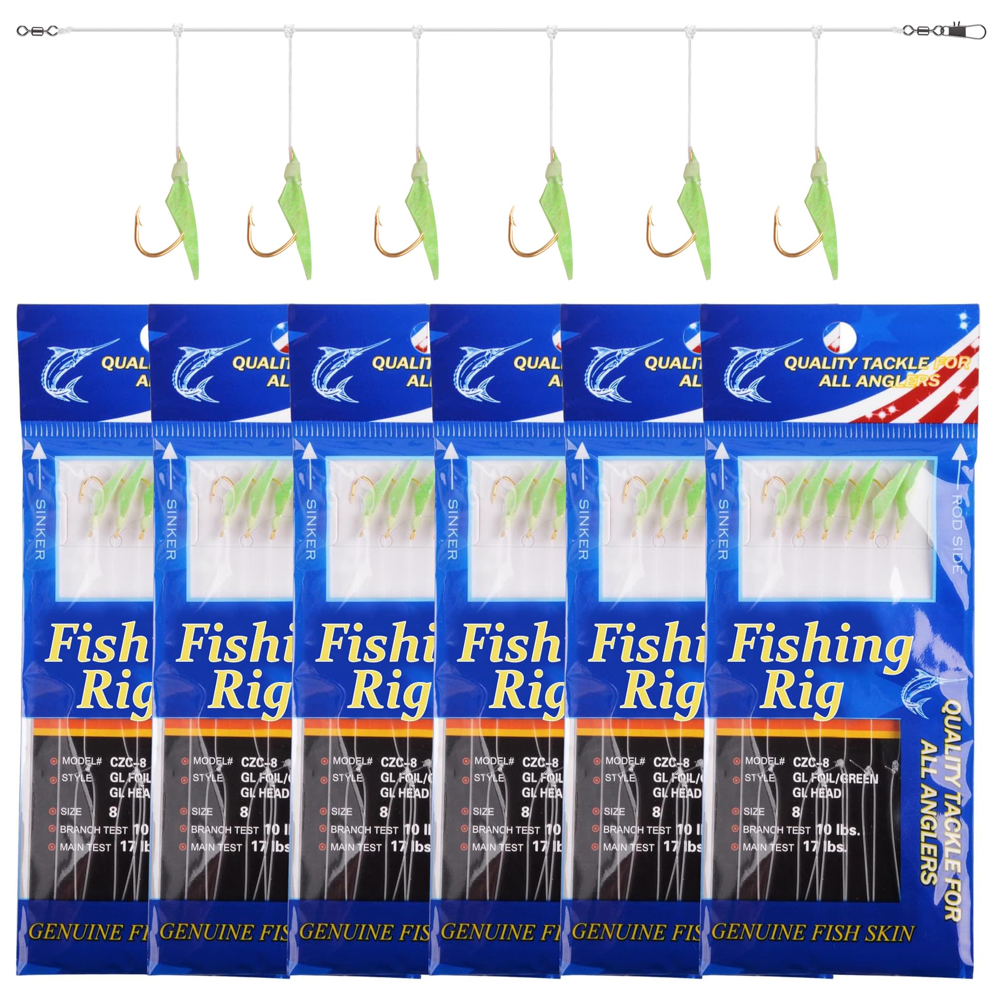 OROOTL Fishing Rigs Bait Lures 6 Packs Fishing Bait Rigs Kit Saltwater Fishing Lures Luminous Surf Fishing Rigs Tackle with Sharp Hooks Fish Skin Silk Size 4 6 8