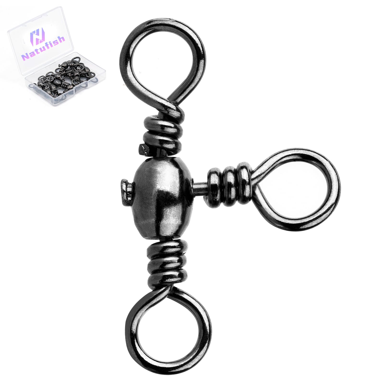 Natufish 3 Way Swivels Fishing Tackle - 25Pcs Three Way Swivel Black T-Turn Barrel Swivel High Strength Connector for Catfish Rigs(Size 7#)