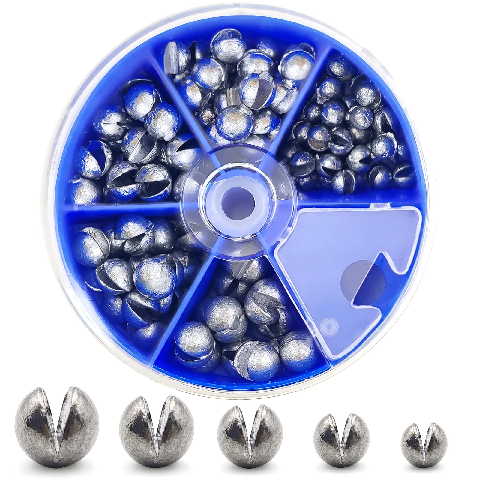 230pcs/120pcs/107pcs Fishing Weights Sinkers - Split Shot Fishing Weights Kit 5 Size Round Removable Fishing Weights 1 Round Box Set Fishing Sinkers for Freshwater Saltwater(Blue Box) (107Pcs)