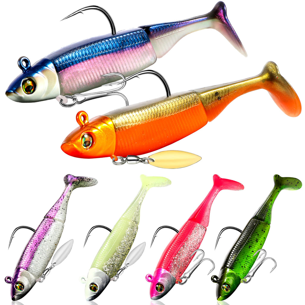 PLUSINNO Fishing Lures Pre-Rigged Jig Head Bass Lures with Spinner Fishing Bait for Freshwater Saltwater Soft Plastic Fishing Lures Swimbait for Trout Crappie Fishing Gear Fishing Gifts for Men