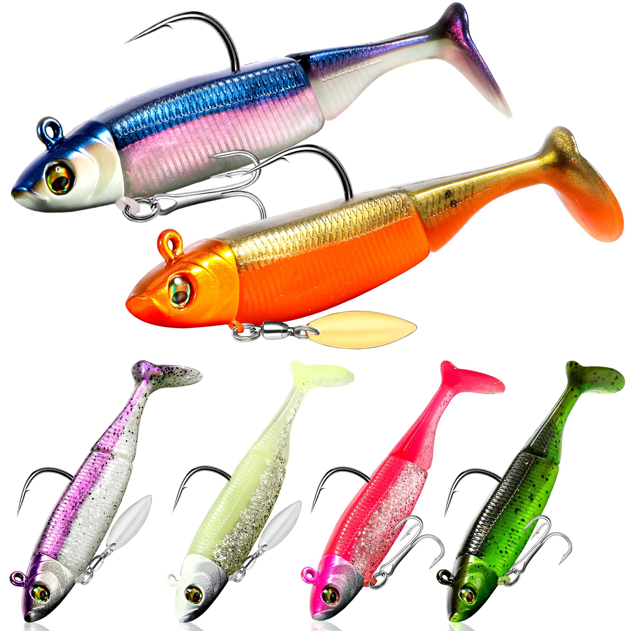 PLUSINNO Fishing Lures Pre-Rigged Jig Head Bass Lures with Spinner Fishing Bait for Freshwater Saltwater Soft Plastic Fishing Lures Swimbait for Trout Crappie Fishing Gear Fishing Gifts for Men