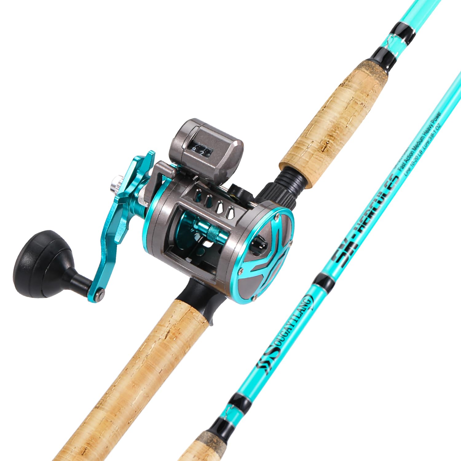 Sougayilang Inshore Fishing Rod Combo with Line Counter Fishing Reel Suitable for Catfish Salmon/Steelhead Striper Bass Fishing - Left Handled